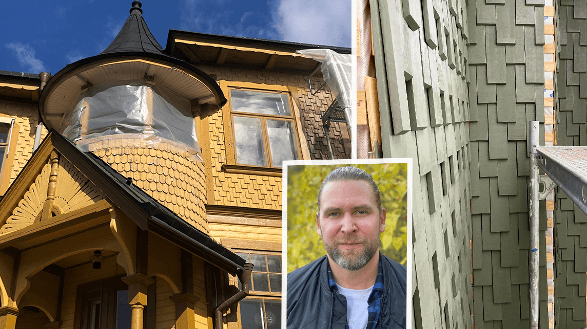 Villan under arbete, med tornet och den nya fjällpanelen