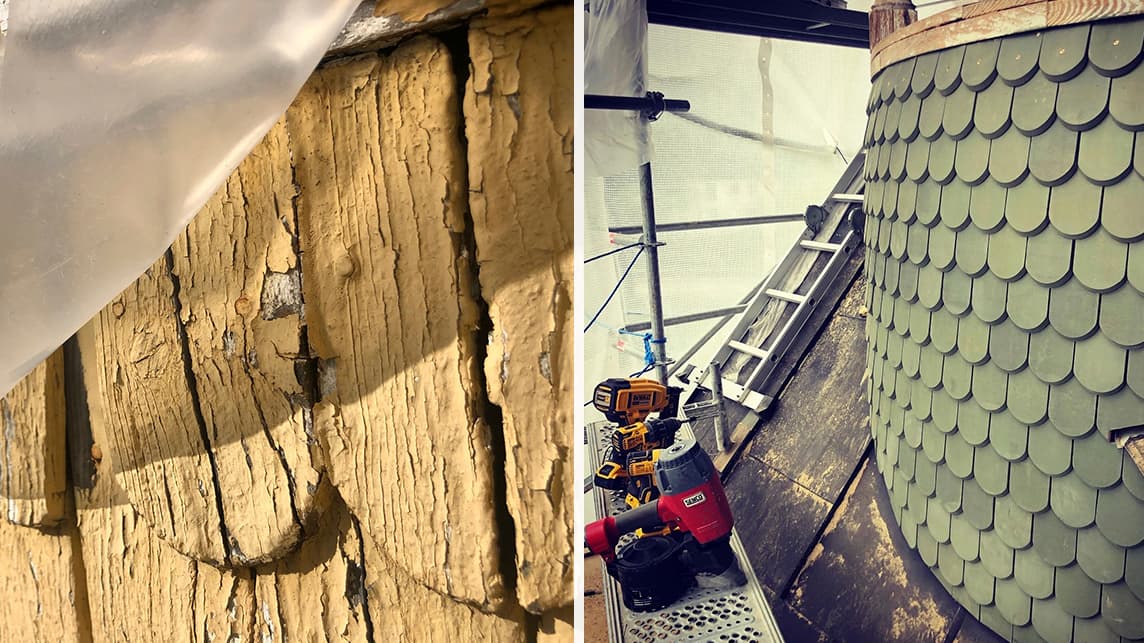 Gammal rötskadad panel bredvid nykapade fjäll på tornet